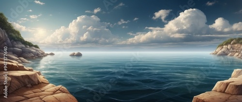 Tranquil Coastal Scene with Rocky Shores and Cloudy Sky