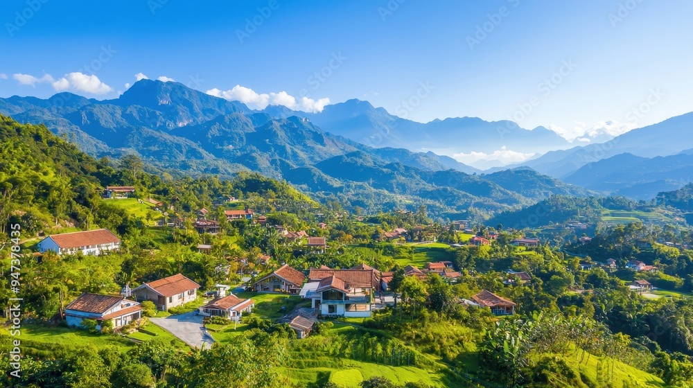 Fototapeta premium Mountain Village Landscape with Houses and Lush Greenery