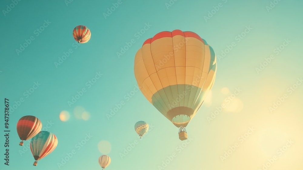 Fototapeta premium A serene view of colorful hot air balloons ascending against a bright blue sky at sunset, capturing a sense of freedom and adventure.