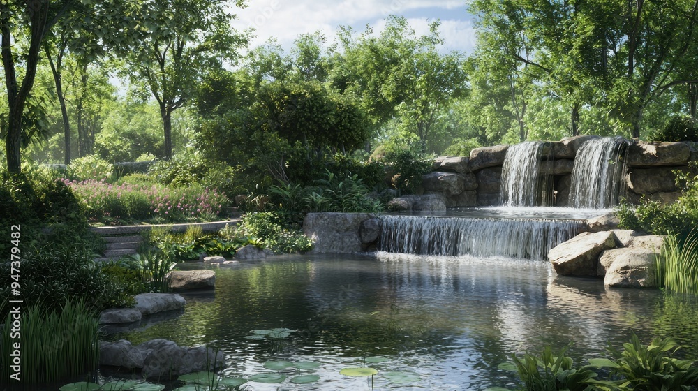 Naklejka premium Serene Waterfall Cascading into a Lush Forest Pond