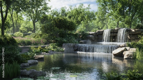 Serene Waterfall Cascading into a Lush Forest Pond