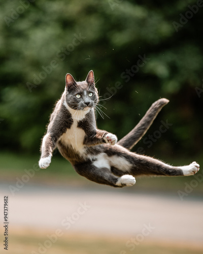 Photography Grey and white cat jumps in the air