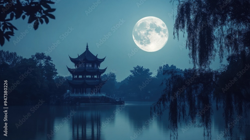 A tranquil moonlit scene featuring a traditional pagoda by a calm lake, surrounded by silhouettes of trees under the night sky. A tranquil moonlit scene featuring a traditional pagoda by a calm lake, surrounded by silhouettes of trees under the night sky.