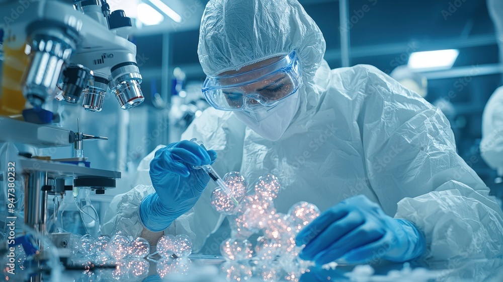 Scientist in Lab Coat with Gloves and Syringe Medical Research Scientist in Lab Coat with Gloves and Syringe Medical Research