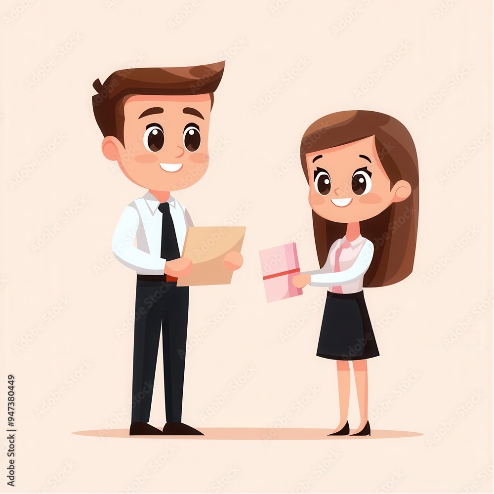 A boss being handed a gift certificate by an employee, Boss's Day, workplace recognition A boss being handed a gift certificate by an employee, Boss's Day, workplace recognition