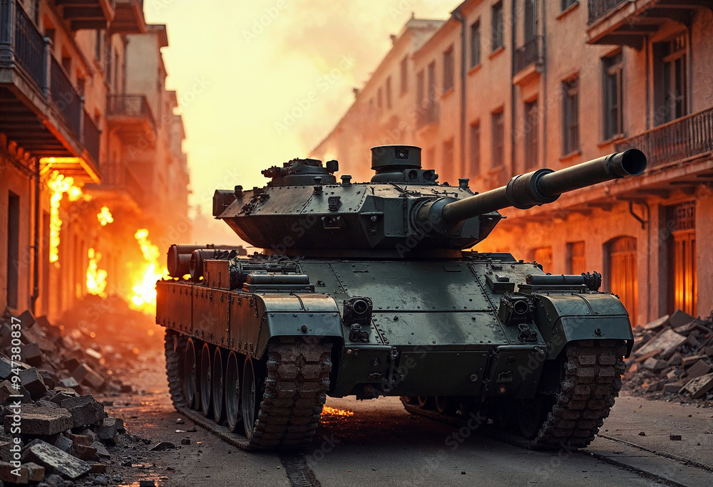 Heavily armored military tank navigating through a burning city street at sunset, surrounded by debris and chaos. Heavily armored military tank navigating through a burning city street at sunset, surrounded by debris and chaos.
