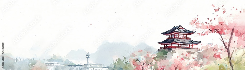 A tranquil landscape featuring a traditional pagoda surrounded by blooming cherry blossoms and soft, misty hills. A tranquil landscape featuring a traditional pagoda surrounded by blooming cherry blossoms and soft, misty hills.