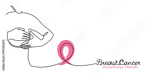 Young Woman Doing Breast Self-Examination. Continuous line drawing of a woman touching her breast in a cancer detection examination.Breast Cancer Awareness Month Concept isolated on background.vector,
