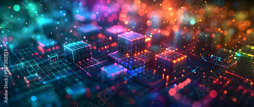 Abstract background with neon glowing digital blocks forming an illuminated maze, symbolizing the complexity of data and technology in business or science.