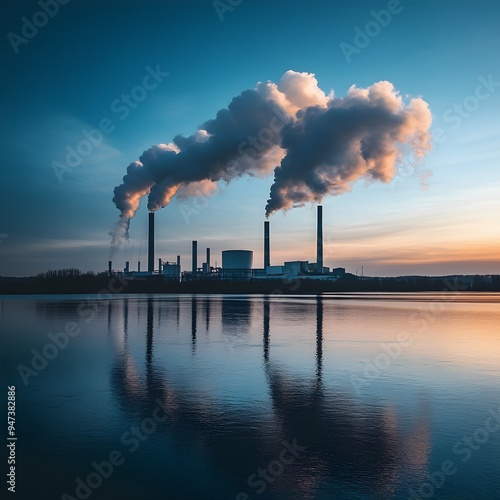 Industrial Smoke Billows Over Tranquil Waters at Sunset