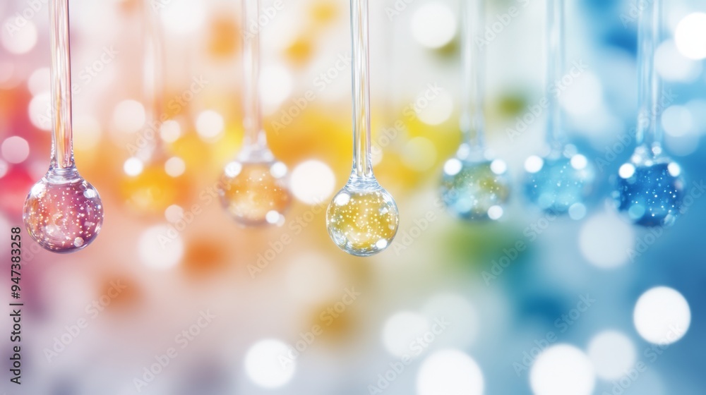 Colorful droplets suspended in the air create a dreamy, vibrant atmosphere with a soft bokeh background. Colorful droplets suspended in the air create a dreamy, vibrant atmosphere with a soft bokeh background.