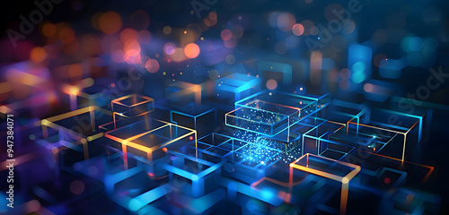 Abstract background with neon glowing digital blocks forming an illuminated maze, symbolizing the complexity of data and technology in business or science.