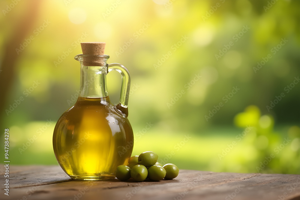 bottle of olive oil on a wooden table, natural bokeh background bottle of olive oil on a wooden table, natural bokeh background