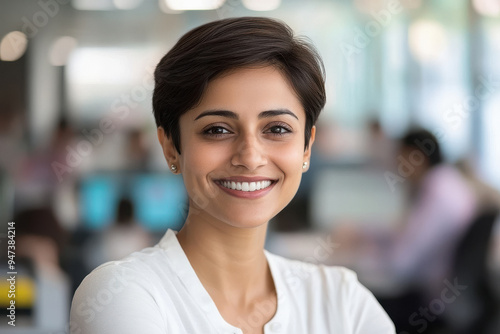 happy young indian woman standing at office