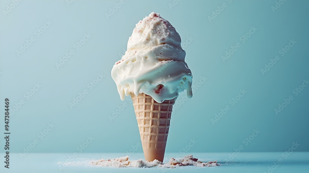 Melting Ice Cream on Pastel Blue Minimalistic Summer Food Photography Melting Ice Cream on Pastel Blue Minimalistic Summer Food Photography