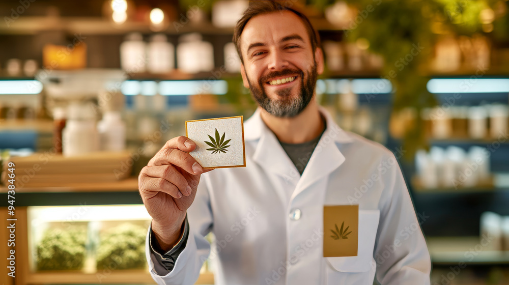 Smiling Dispensary Worker Holding Cannabis Card Smiling Dispensary Worker Holding Cannabis Card