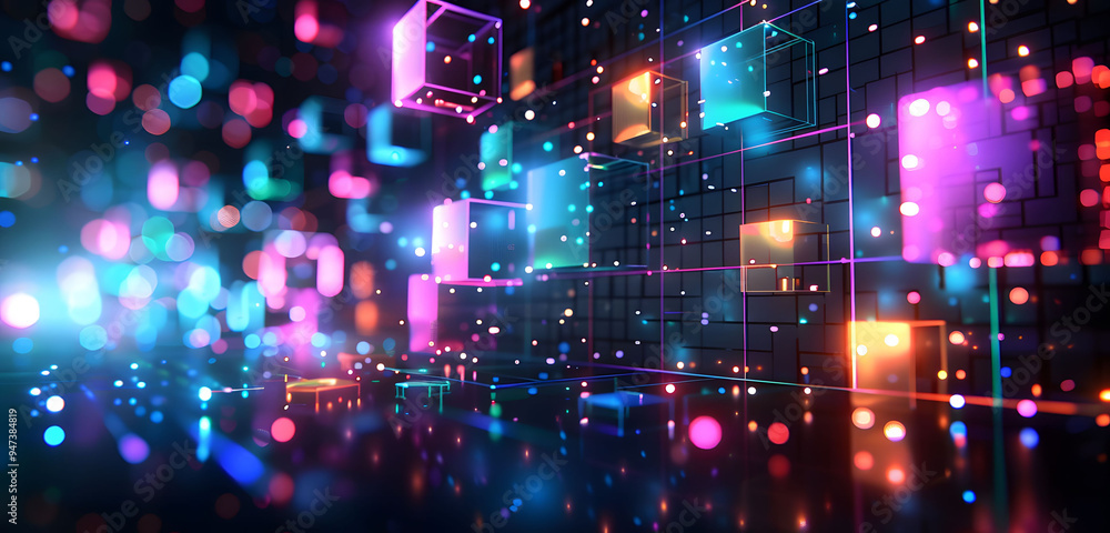 Fototapeta premium Abstract background with neon glowing digital blocks forming an illuminated maze, symbolizing the complexity of data and technology in business or science.