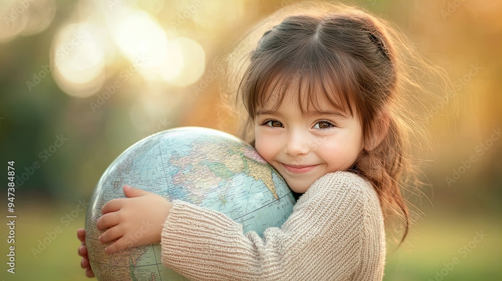 Captivating Poster of a Young Girl in a Beige Sweater Hugging a Globe: Inspire Wonder and Curiosity About the World in Your Space Captivating Poster of a Young Girl in a Beige Sweater Hugging a Globe: Inspire Wonder and Curiosity About the World in Your Space
