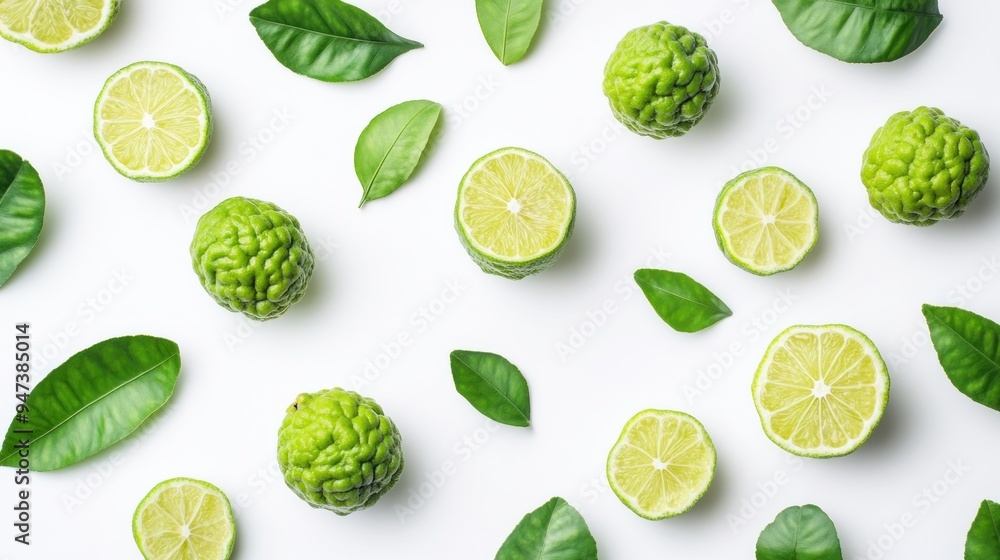 Fresh Green Limes and Kaffir Lime Leaves on White Background Fresh Green Limes and Kaffir Lime Leaves on White Background