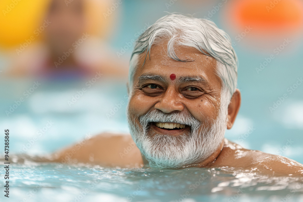 happy indian mature man swimming in the pool happy indian mature man swimming in the pool