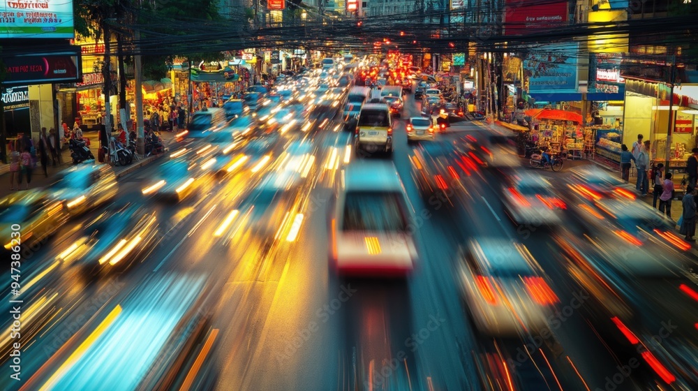 Bustling city street cars vehicles on road traffic in Southeast Asian Thailand motion blur Bustling city street cars vehicles on road traffic in Southeast Asian Thailand motion blur