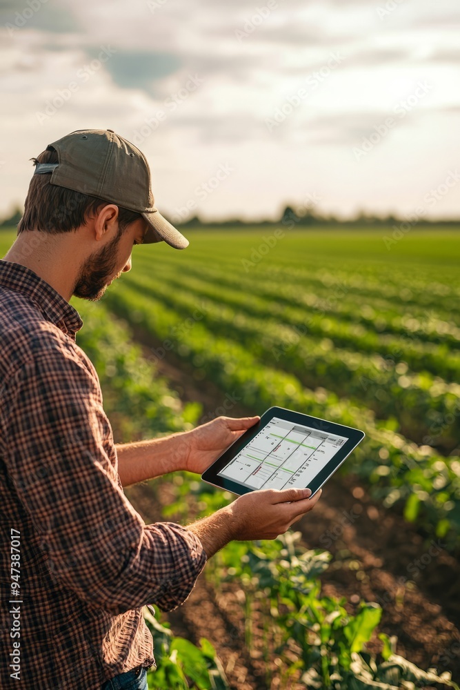 Farmer checking crop data on a tablet in the middle of a field. The crops are neatly aligned, and the data is displayed clearly, Generative AI Farmer checking crop data on a tablet in the middle of a field. The crops are neatly aligned, and the data is displayed clearly, Generative AI