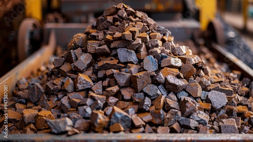 Iron Ore: The main source of iron, iron ore is mined from the Earth's crust and used to produce steel, integral to construction, transport, and manufacturing sectors. 