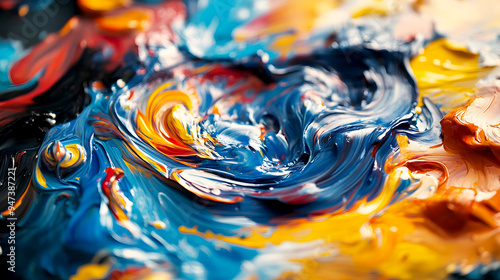 Design an abstract image of a paint splash, with thick, bold colors splattering and swirling in mid-air, creating an energetic, expressive composition photo