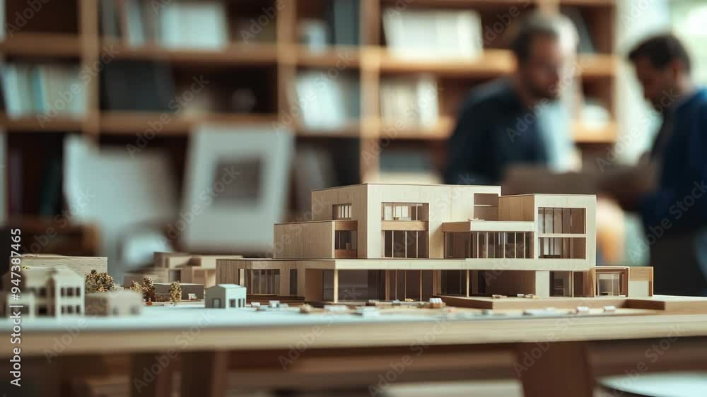 Wood maquette of home model in modern office Wood maquette of home model in modern office
