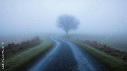 Tranquil Rural Road Shrouded in Fog with Camera Focused on Distant Horizon