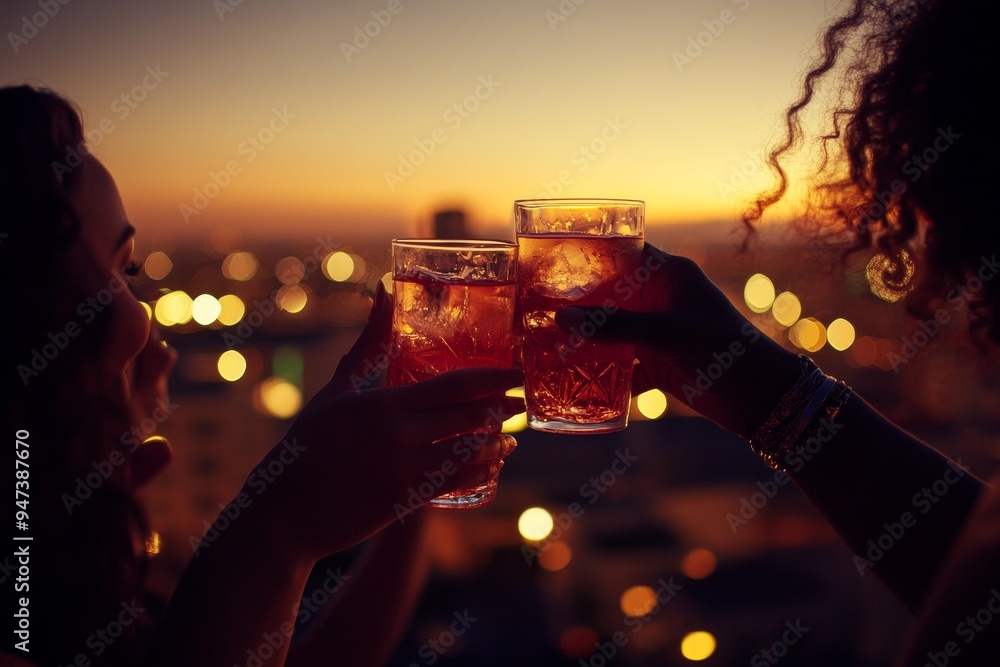 A group of friends toasting with drinks at a rooftop bar, city lights twinkling in the background, symbolizing the excitement and celebration of a fun night out together A group of friends toasting with drinks at a rooftop bar, city lights twinkling in the background, symbolizing the excitement and celebration of a fun night out together