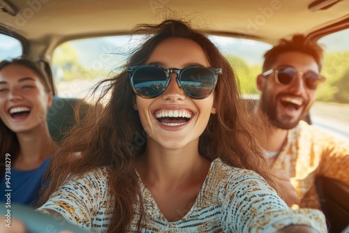 Family road trip with the car packed, everyone excited and smiling, ready for an adventure, symbolizing the fun and bonding that comes with exploring new places together