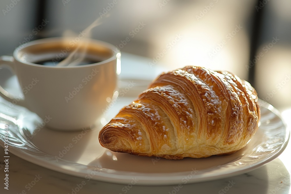 a freshly baked pastry, golden and flaky, paired with a steaming cup of espresso, symbolizing the indulgent pleasure of a simple yet satisfying breakfast a freshly baked pastry, golden and flaky, paired with a steaming cup of espresso, symbolizing the indulgent pleasure of a simple yet satisfying breakfast