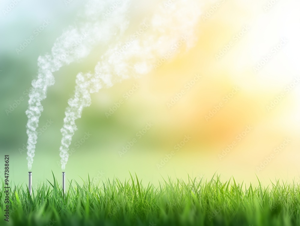 Fototapeta premium Pollution from smokestacks rises above green grass in a serene landscape, highlighting environmental impact.