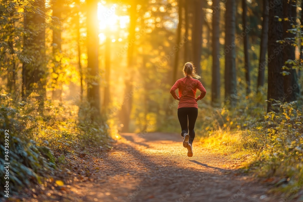 A runner on a forest trail at sunrise, with energy and motivation driving them forward, capturing the active and health-focused lifestyle that promotes wellness A runner on a forest trail at sunrise, with energy and motivation driving them forward, capturing the active and health-focused lifestyle that promotes wellness