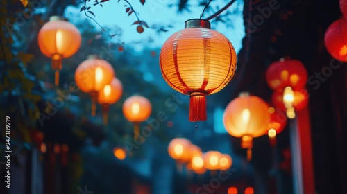 Wallpaper Mural Beautiful lanterns illuminate a serene street, creating a magical ambiance during twilight hours. Torontodigital.ca