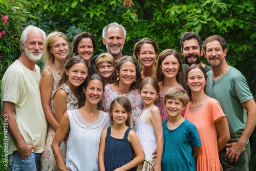 A family reunion, with multiple generations gathered for a big group photo, everyone smiling and laughing, symbolizing the deep roots and connections that make family so