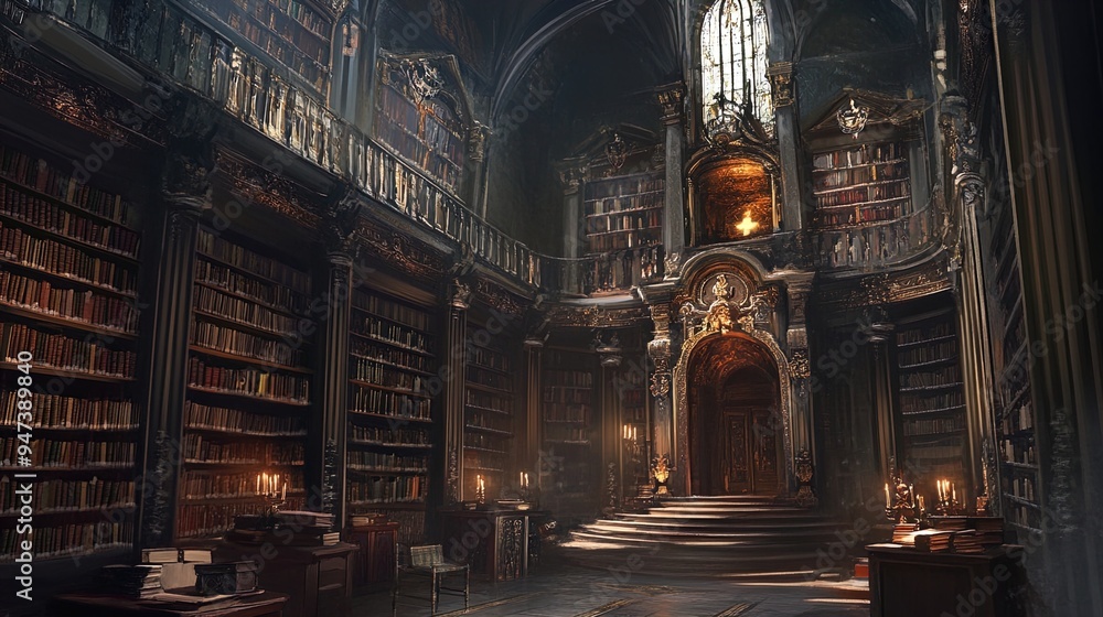 Obraz premium The image depicts an opulent, dimly lit library adorned with intricate, ornate architecture. Tall, dark wooden bookshelves filled with a multitude of old books line the walls, reaching up to the high,