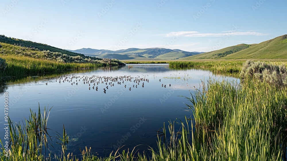 Tranquil Mountain Lake with Birds and Lush Greenery Tranquil Mountain Lake with Birds and Lush Greenery