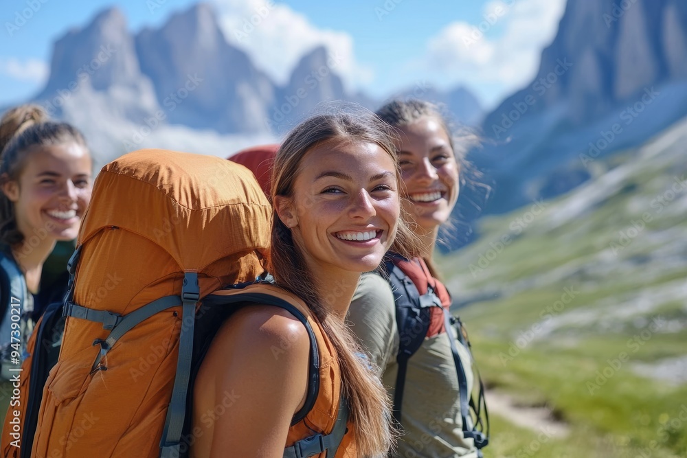 Friends on a hiking trail, backpacks on and smiles all around, with a breathtaking mountain view in the background, symbolizing the adventure and bonding that come with s Friends on a hiking trail, backpacks on and smiles all around, with a breathtaking mountain view in the background, symbolizing the adventure and bonding that come with s