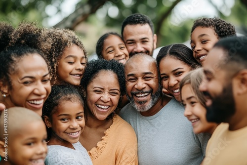 A family reunion, with multiple generations gathered for a big group photo, everyone smiling and laughing, symbolizing the deep roots and connections that make family so