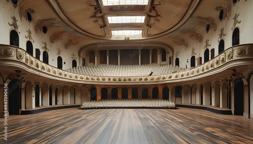 Obraz premium An opulent, aging theater, ornate balconies, empty seats, grand proscenium, intricate ceiling frescoes, natural light streaming, forgotten grandeur, haunting beauty, sense of history