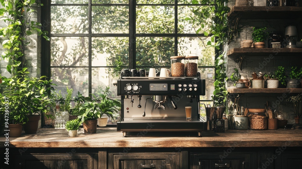 Espresso Machine in Rustic Cafe Interior with Window View