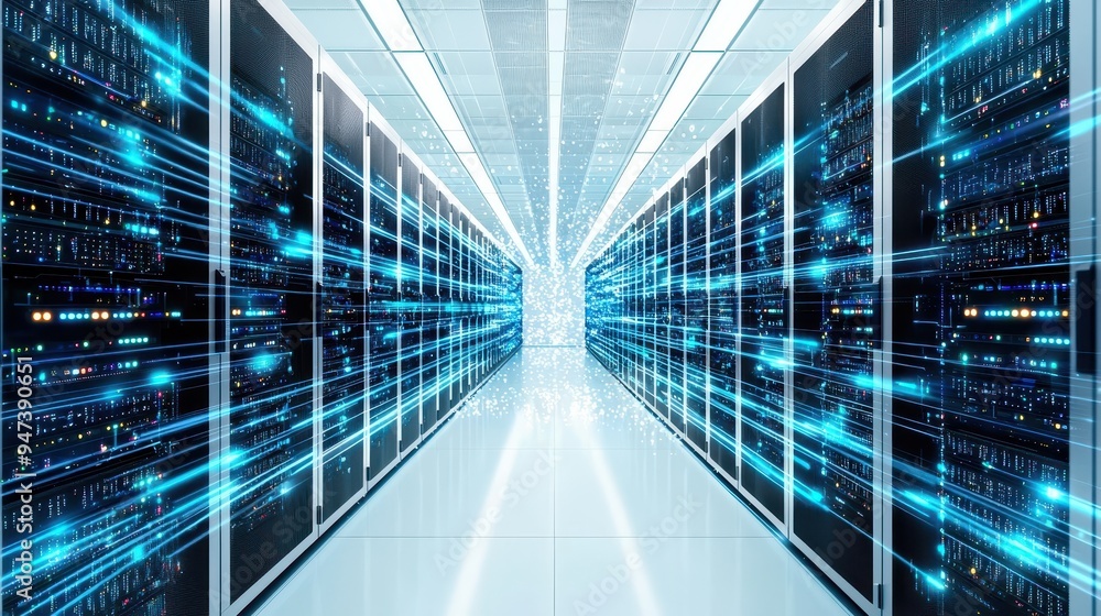 Obraz premium Data Center Server Room with Blue Light Streaks