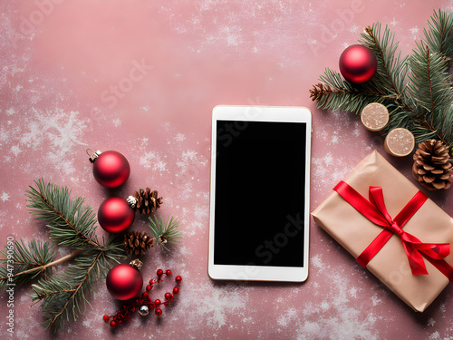 Digital phone mock up with rustic Christmas decorations for app presentation with empty space for you design. Christmas online shopping concept. Tablet with copy space on colored background. photo