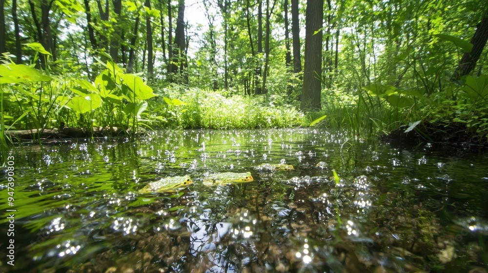 Green Frogs in a Forest Stream with Sunlight Reflections Green Frogs in a Forest Stream with Sunlight Reflections