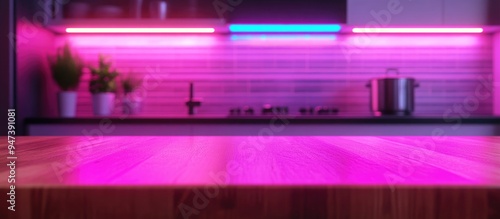 Fototapeta Naklejka Na Ścianę i Meble -  Selective focus on end grain wood countertop with 3D rendering against a blurred minimalist kitchen background for product display or design key visual