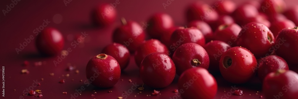 Fresh, vibrant cranberries scattered on a rich red background, perfect for culinary, health, and seasonal marketing themes. Fresh, vibrant cranberries scattered on a rich red background, perfect for culinary, health, and seasonal marketing themes.