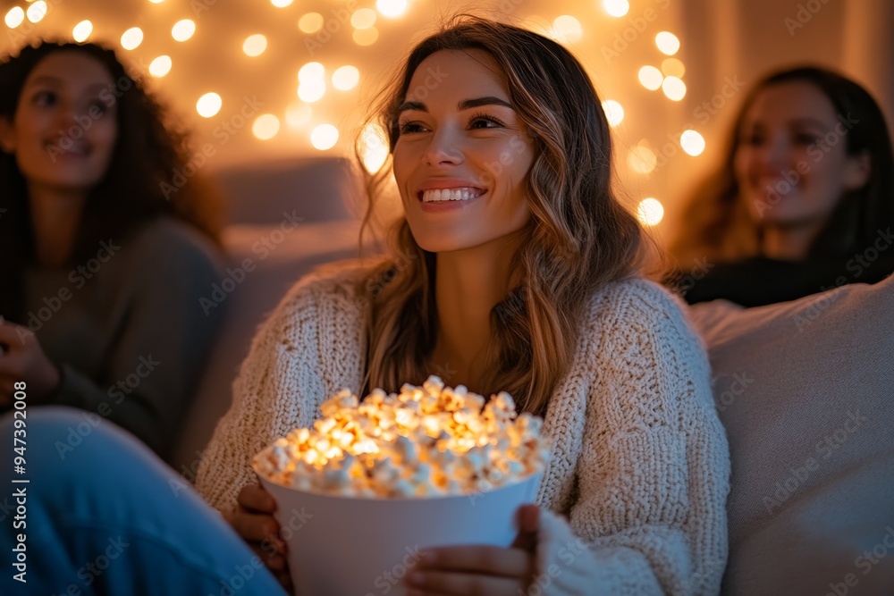 A group of friends gathered in a cozy living room, watching a movie together, popcorn in hand, symbolizing the simple pleasures of spending quality time with loved ones A group of friends gathered in a cozy living room, watching a movie together, popcorn in hand, symbolizing the simple pleasures of spending quality time with loved ones