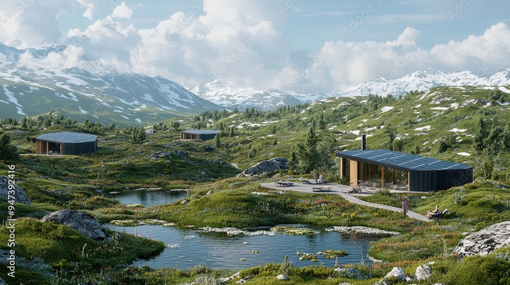 Fototapeta premium Modern Sustainable Cabins with Solar Panels in Mountain Landscape